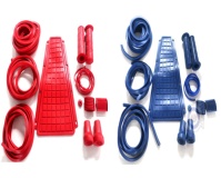 Vista frontal del kit gomas Vespa DS, DN, CL en color rojo y azul