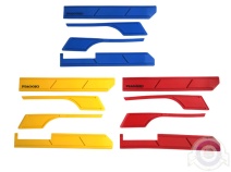 Vista delantera del juego molduras Vespa 200 en color amarillo, azul y rojo