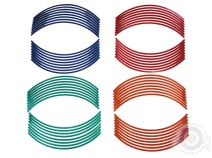 Vista delantera del juego de tiras en color azul, naranja, rojo y verde